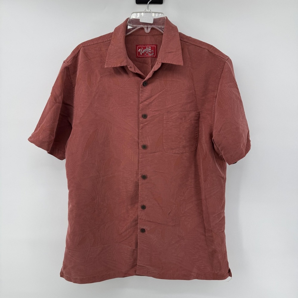 Woody's Retro Lounge Shirt Mens Large Red Jacquard Floral Hawaiian Camp Casual